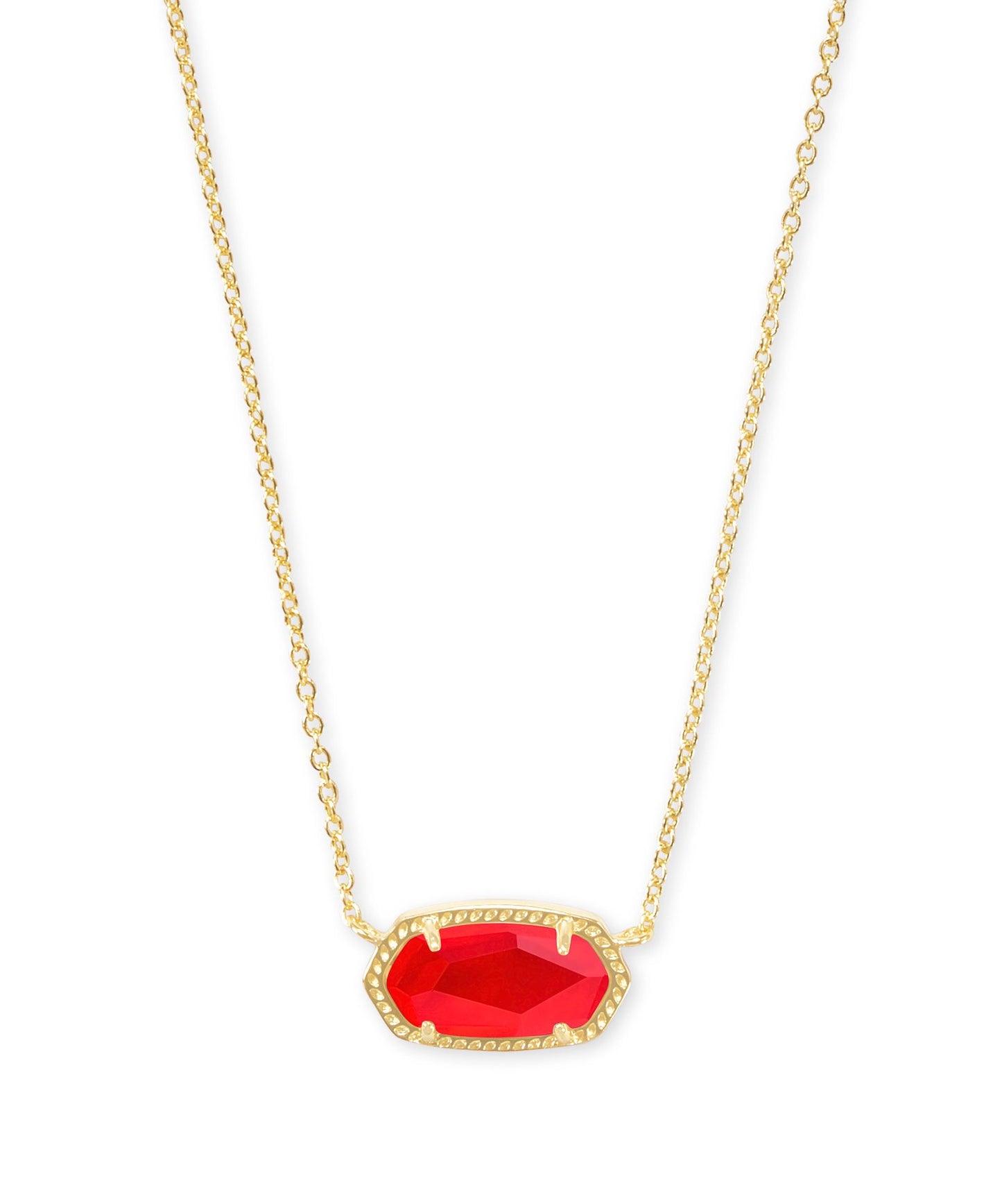 Gold necklace with a small chain and bright red oval pendant