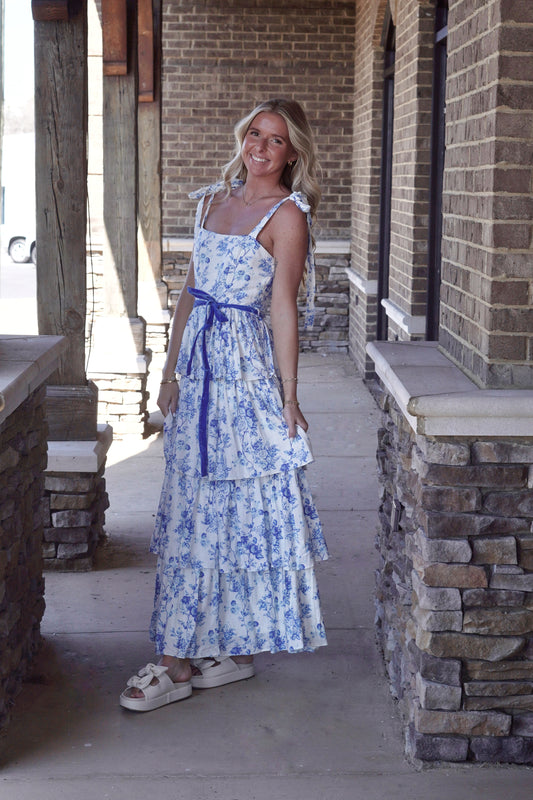 Tiered Maxi Dress, Blue and White Floral Color, Square Neck, Sleeveless, Blue Ribbon Tied at Waist