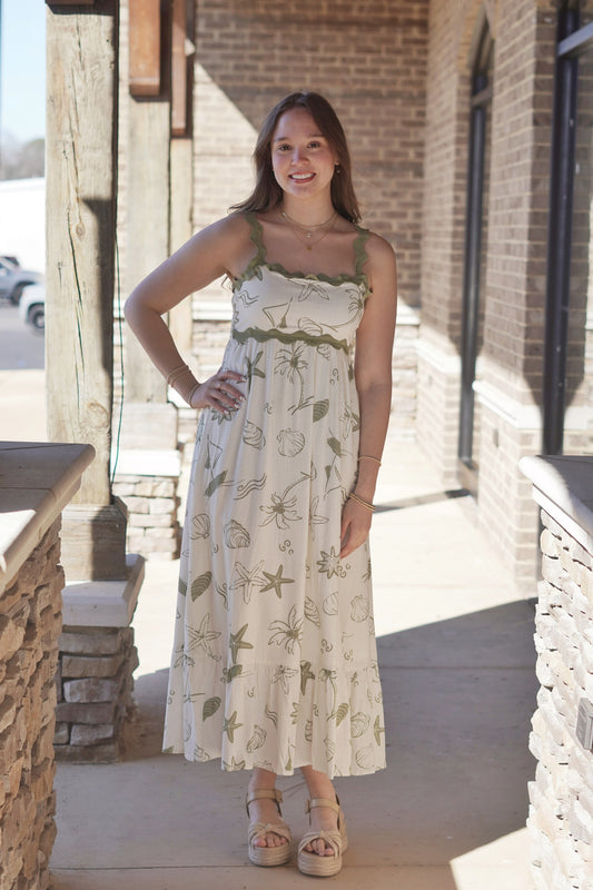 Maxi Dress, White With Olive Sea Print, Right Above Ankle Length, Olive Trim Along Squared Neckline, Sleeveless, Snitch At Waist