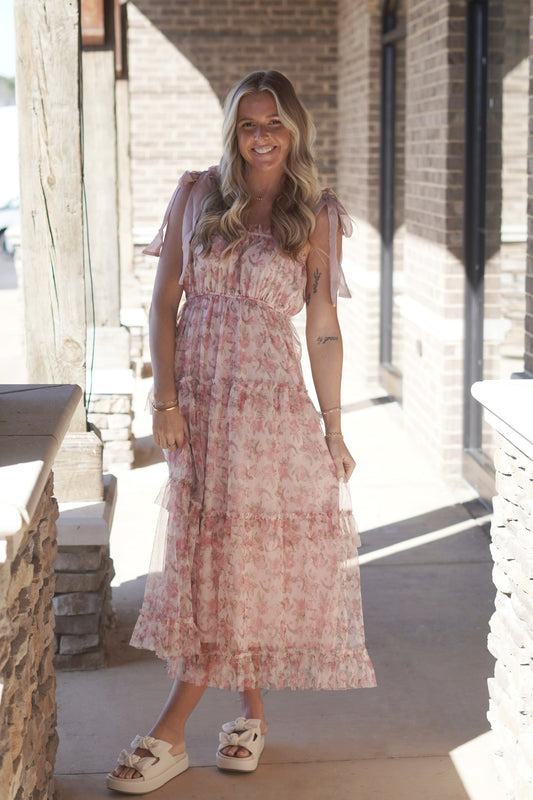 Midi Pink Floral Dress, Maxi Dress, Sleeveless, Ribbon Straps, Square Neckline, Tiered Style, Snitch At Waist