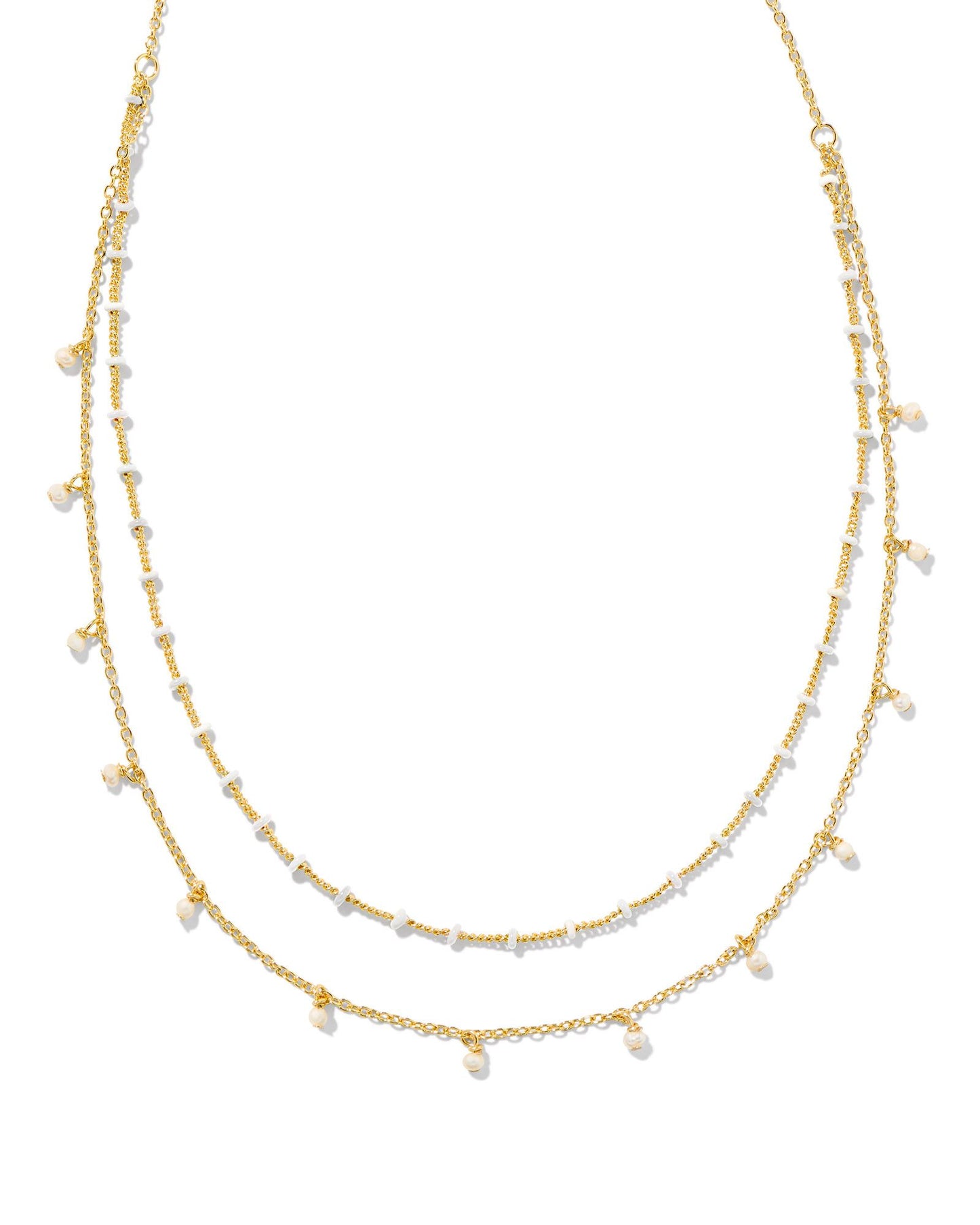 two strand gold necklace, one strands is lined with small pearl detailing and the other strand has pearl charms