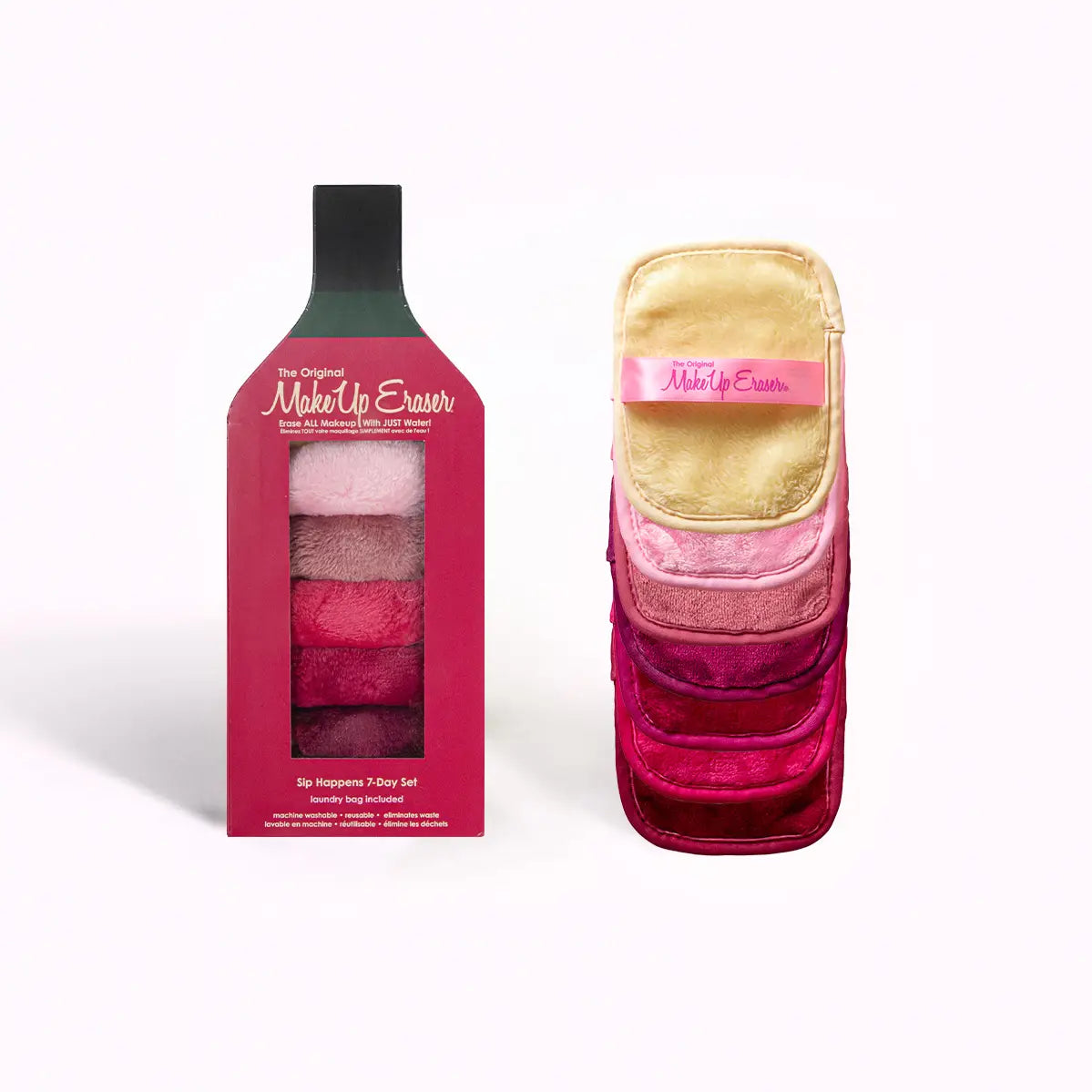 (7) daily cloths 5" x 4" & laundry bag. Packaging in the shape of a bottle. Colors:Cream, light pink, pink, magenta, hot pink, bright pink, and dark red