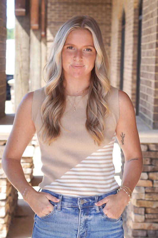 hazelnut sleeveless knit top, blocked stripe, high round neckline, fitted, waistline length.