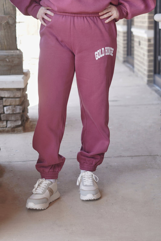 Gold Hinge Sweatpants, Elastic Waistband, Cinched Jogger Ankle, Dual Side Pockets, Gold Hinge Logo, Loose Fit, Mulberry Color