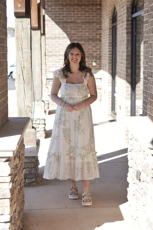 Flowy Long Dress, Ivory/Floral Print, Ruffled Straps, Square Neckline, Right Above Ankle Length, Snitches At Waist