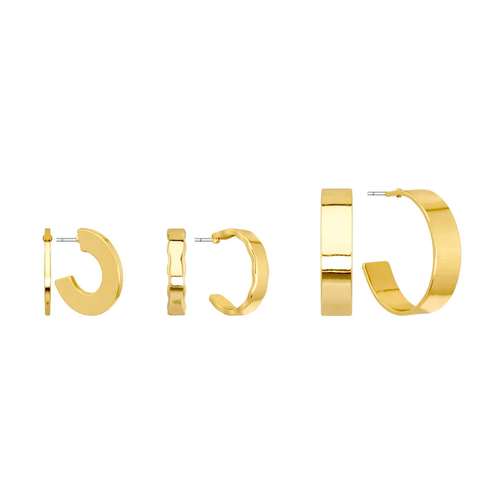Set of Three Gold .5", .5", and 1" Hoop Earrings, Gold Plated, Thin