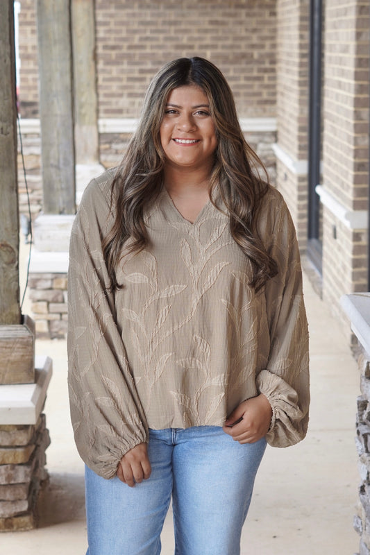 Naomi Neutral Long Sleeve Blouse, Long Sleeves, V-Neckline, Flowy, Full Length, Color: Mushroom.