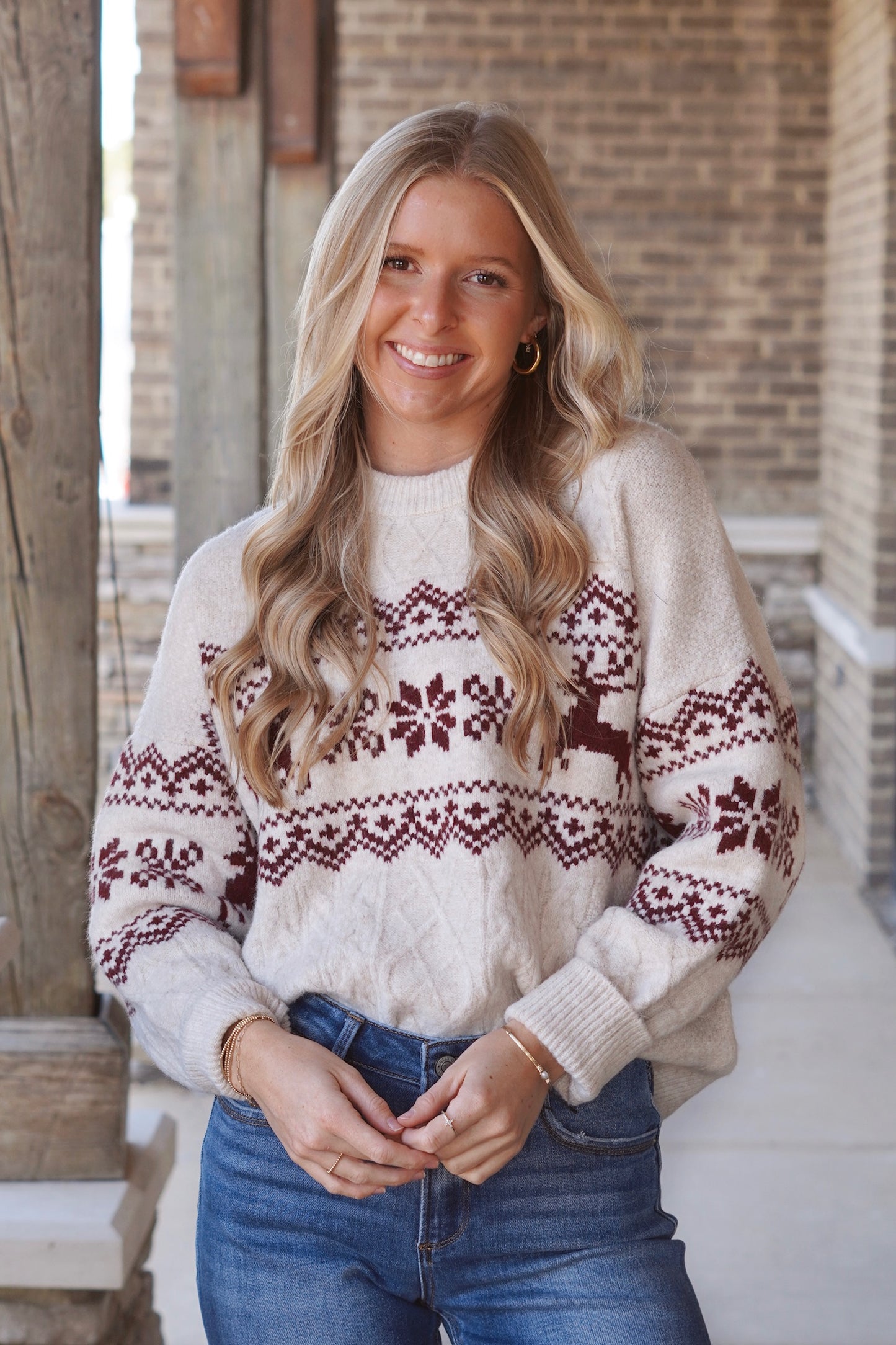 Snowflakes And Reindeer Knit Sweater, Round Neckline, Long Sleeves, Full length, Cable Knit Sweater, Long Sleeves, Red Snowflakes And Reindeer Design, Color: Ivory, Relaxed Fit