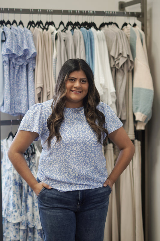 Blue Floral Blouse, Round Neckline, Short Sleeves, Relaxed Fit