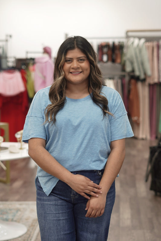 Short Sleeve Soft T-Shirt, Round Neckline, Relaxed Fit, Full Length, Slit On Sides, Blue Color