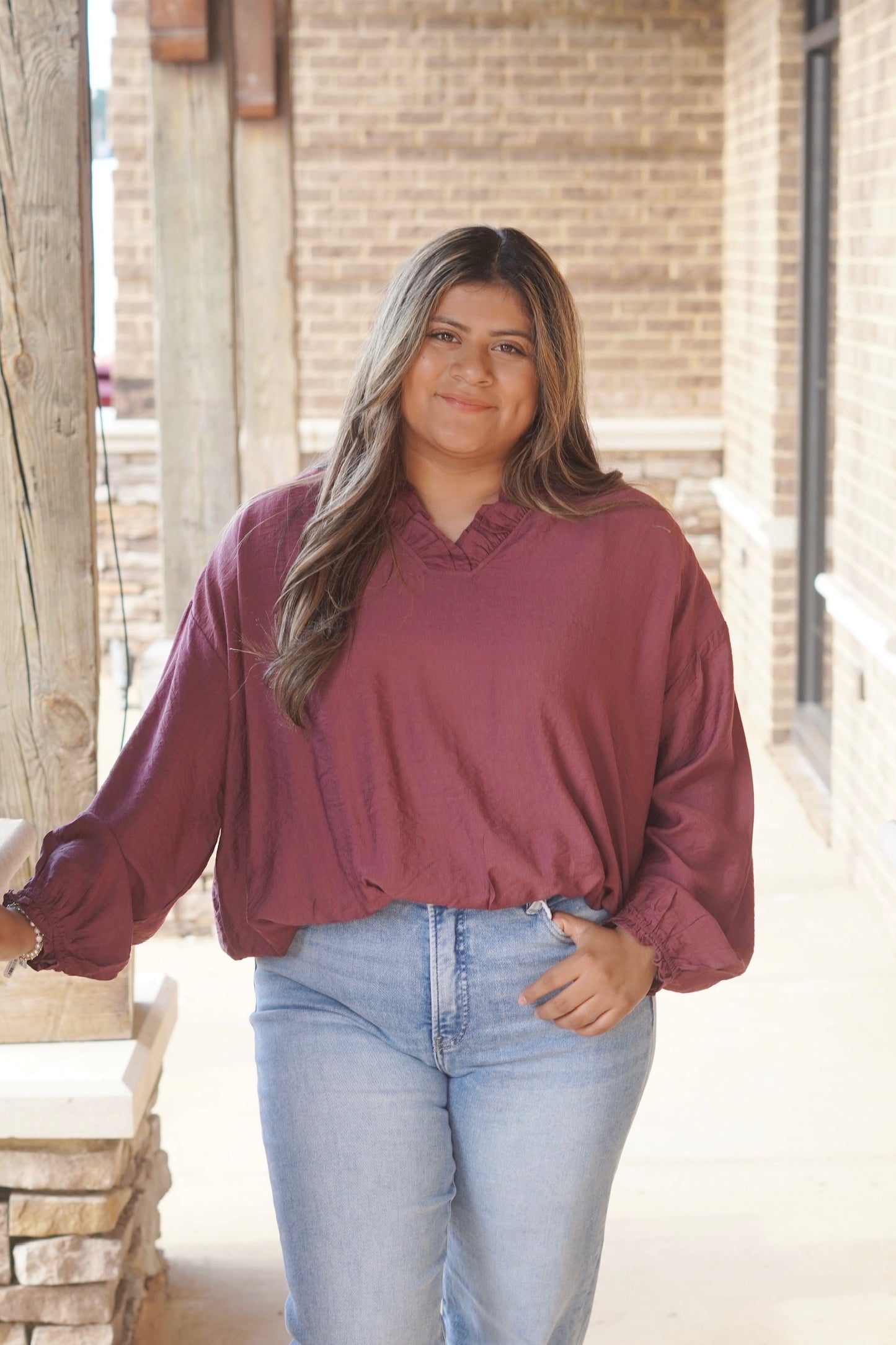 Merlot Long Sleeve Blouse, Long Sleeves, Split Neckline, Color: Merlot, Relaxed Blouse, Cinched Hemline.