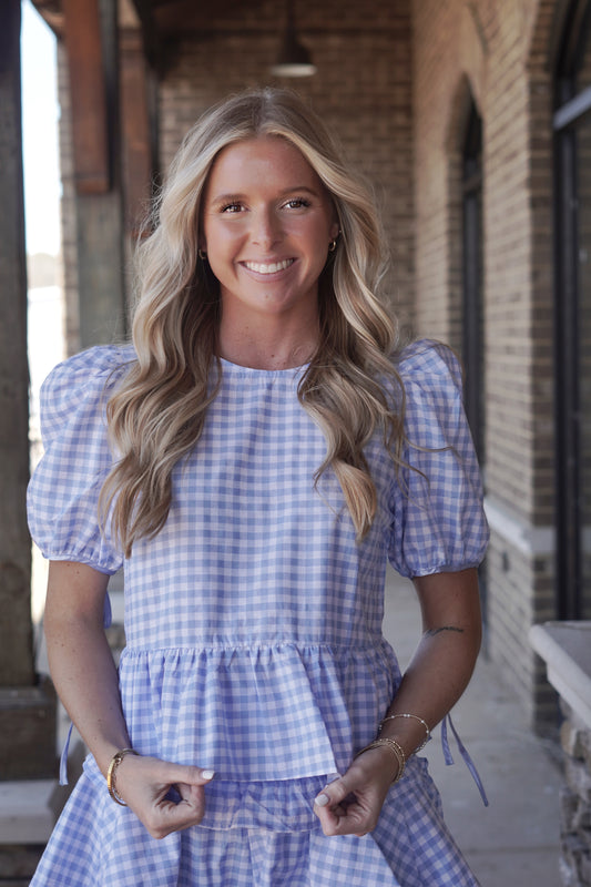 Plaid Bow Top, Baby Blue/White Colors, Round Neck, Puff Sleeve, Cinched at Waist
