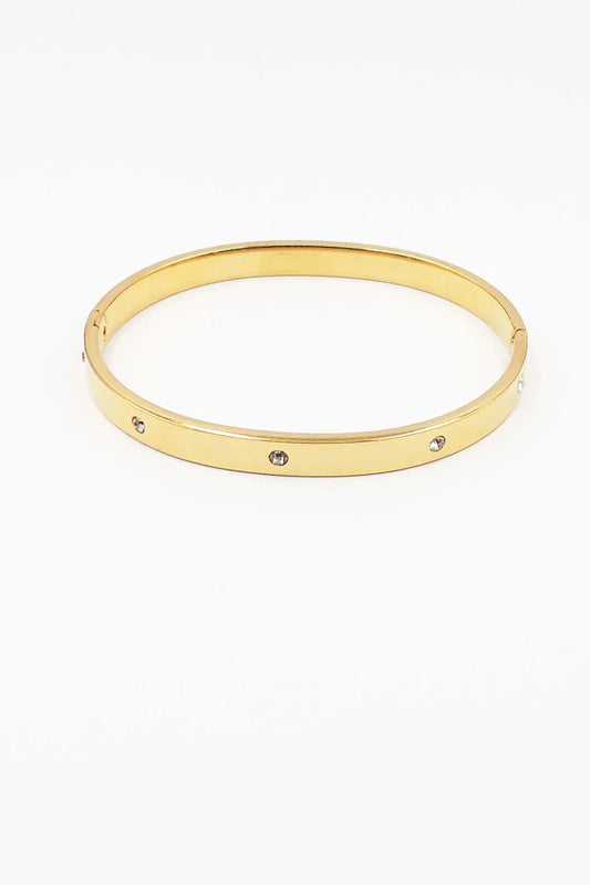 Gold Cuff Bangle Bracelet, Rhinestone Accents, Stainless Steel