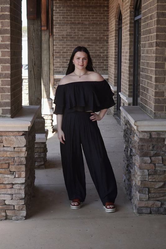 Wide Leg Pants, Loose Fit, Black, Elastic Band, Super Lightweight