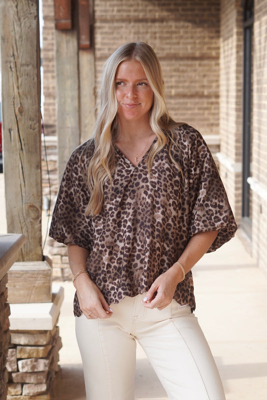 So Chic Cheetah Print Top, V-Neckline, Short Puff Sleeves, Full Length, Scallop Hemline, Color: Brown, Cheetah Print