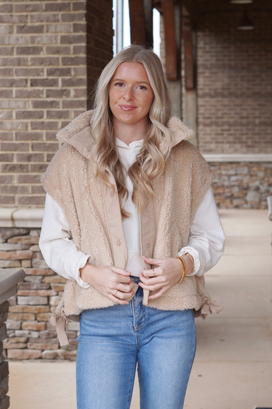 Cozy Sherpa Button Up Vest, Button Down, Sherpa, Pockets, Sleeveless, Colors: Beige, Full Length, Oversized