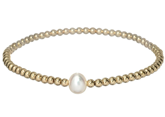 gold beaded bracelet with one pearl BEADS: CLASSIC 3MM & FRESHWATER PEARLS GOLD: 14K GOLD FILLED