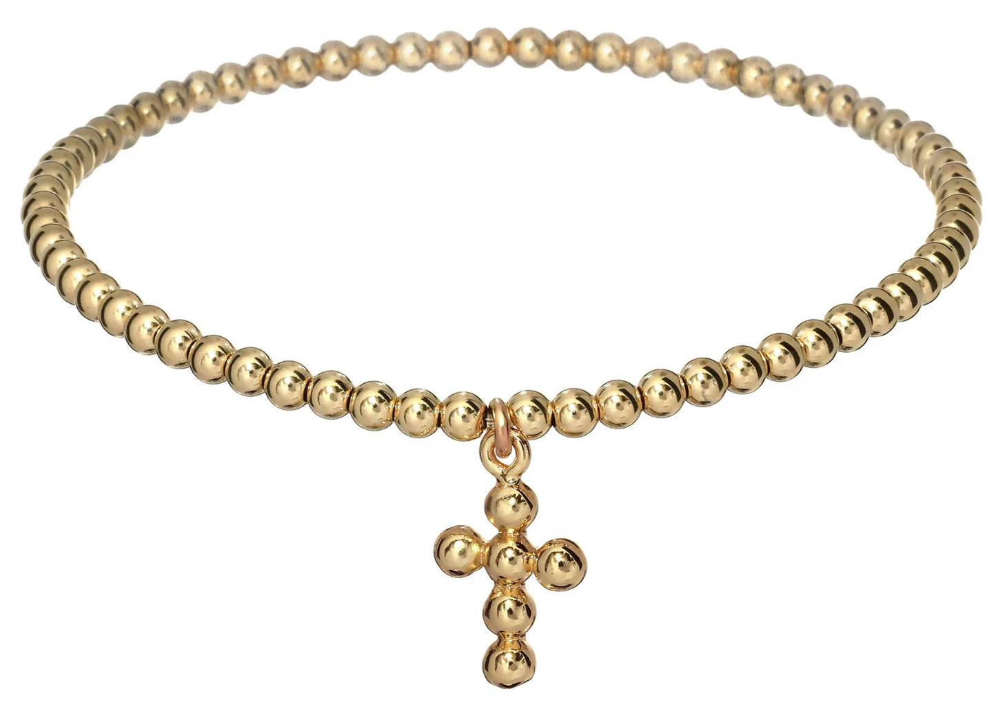 gold beaded bracelet with beaded cross charm BALL BEAD MATERIALS: 14K GOLD FILLED, STERLING SILVER OR ROSE GOLD PENDANT MATERIAL: 18KG PLATED ON STERLING SILVER (GOLD ONLY) STRETCHY LENGTH: 6.5" OR 7"