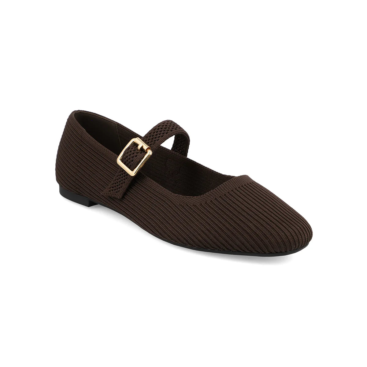 Mary-Jane flat, round almond toe, flexible strap for a secure fit, breathable stretch-knit material
Color: chocolate