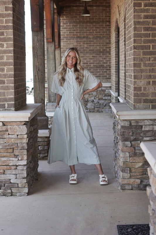Maxi Dress, Button Down, Cream Olive Color, Striped, Cinched Waist, Short Sleeves, High Neck