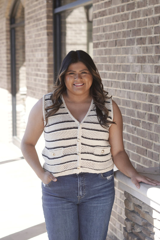 Striped Vest Sweater Top, V-Neckline, Sleeveless, Button Down, Pockets With Buttons, Cropped, Cream/Navy Color