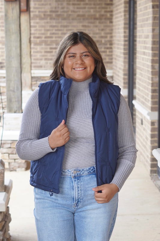 Noah Navy Puffer Vest, Zip Up, Puffer Vest, Sleeveless, Full Length, Pockets, Color: Navy