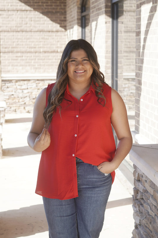 Sleeveless Button Up Blouse, Collar Neckline, Red Color, Relaxed Fit, Full Length