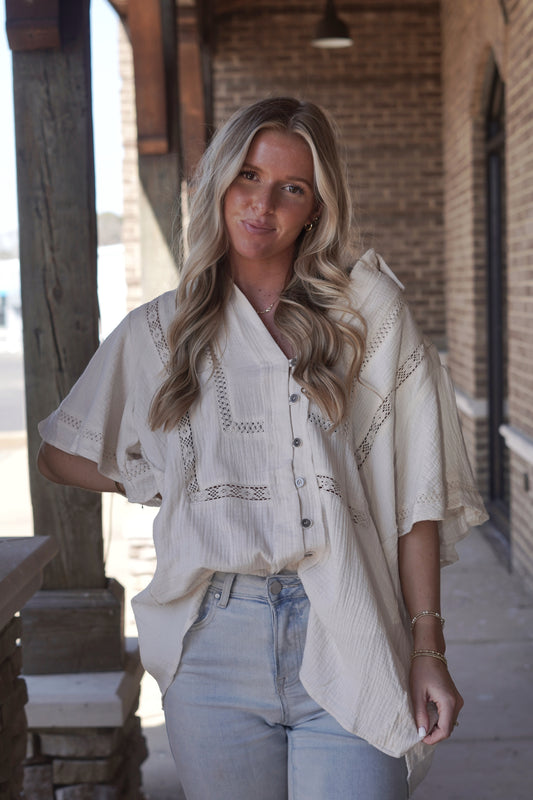 Oversized Button Up Woven Top, Short Loose Sleeves, Cream Color, Collar Neckline, Lace Throughout