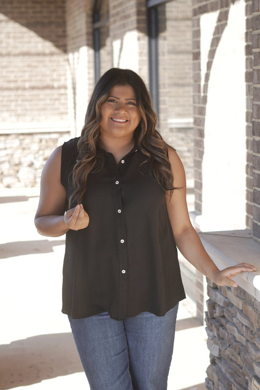 Sleeveless Button Up Blouse, Collar Neckline, Black Color, Relaxed Fit, Full Length