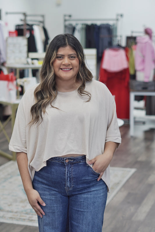 Flowy Top, Crew Neck, Raw Hem, Short Sleeve, Sand Color, Cropped