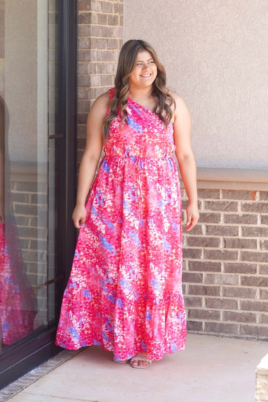 Pink one shoulder maxi dress. Functional tie synched waist. Sleeveless.