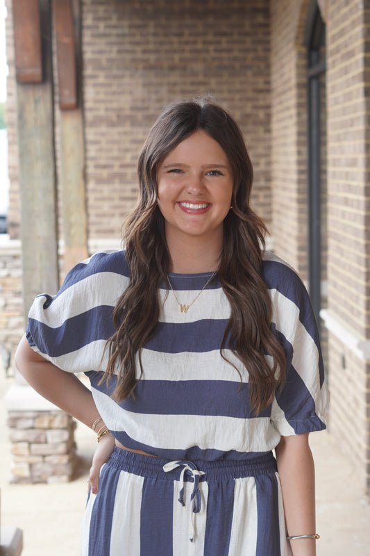 Striped Top, Boat Neckline, Striped Cream/Navy, Cropped