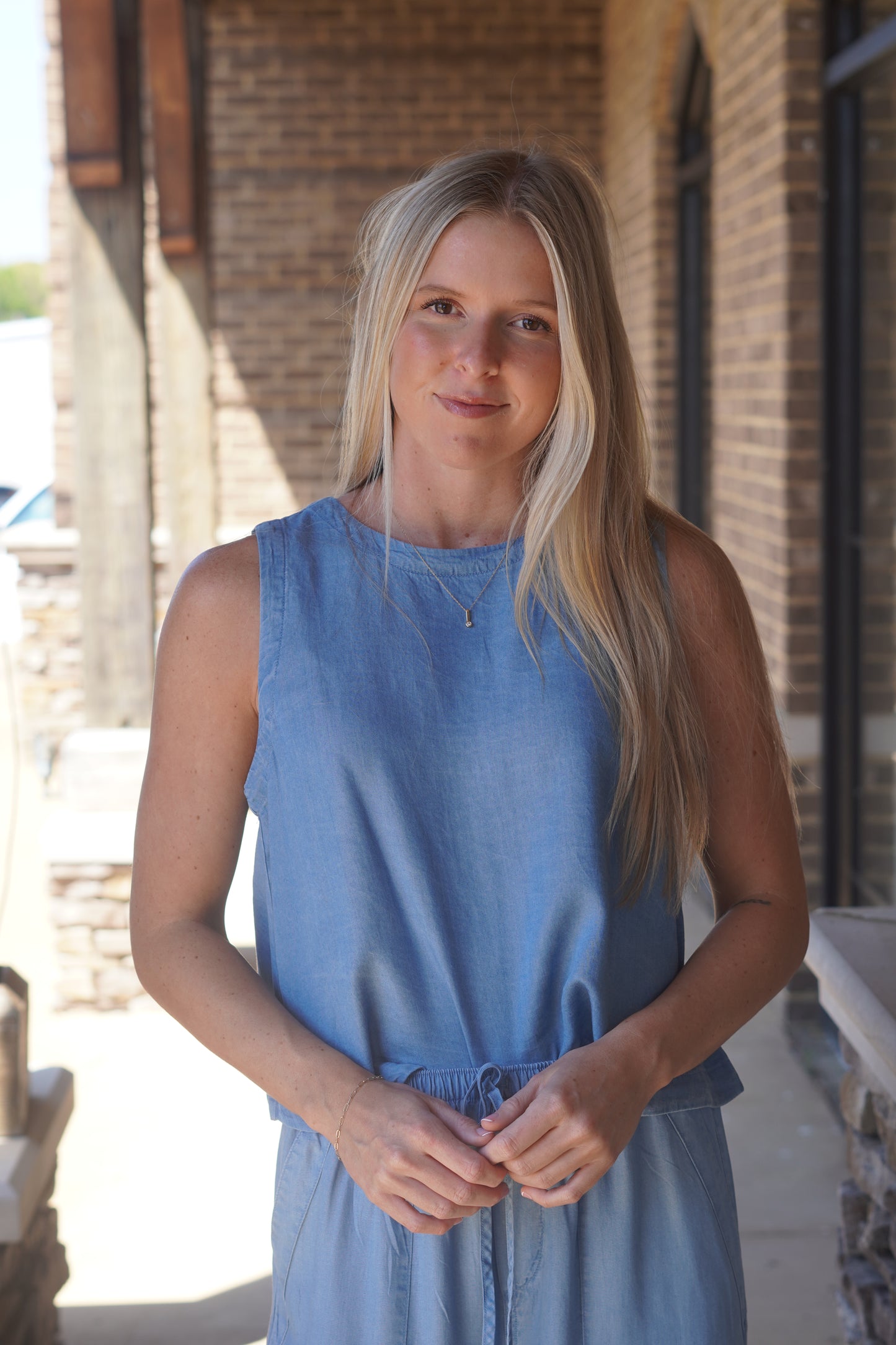 Chambray Back Button Top