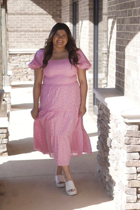 Midi Dress, Square Neckline, Short Puff Sleeves, Textured Fabric, Dress Underlining, Smocked, Pink Color