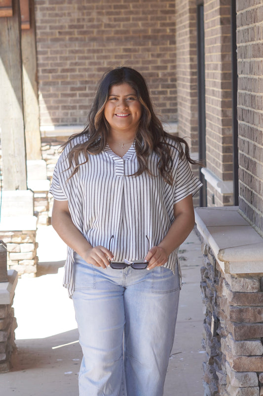 Striped Blouse, V Neck, Short Sleeve, White and Gray Color, Relaxed Fit