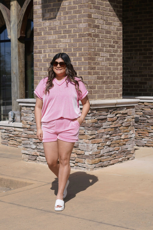 Hot Pink V-Neck Top, Short Sleeves, Full Length, Relaxed Fit, Textured
