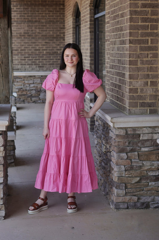 Pink Puff Sleeve Dress, Square Neck, Maxi Dress, Flowing Silhouette