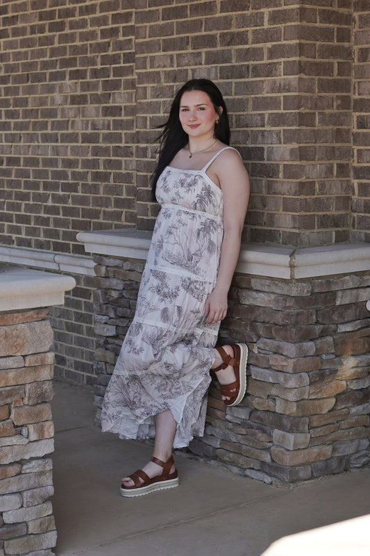 Maxi Dress, White and Blush Floral Print, Sleeveless, Square Neck, Wide Comfortable Straps, Thin White Lines Throughout Dress