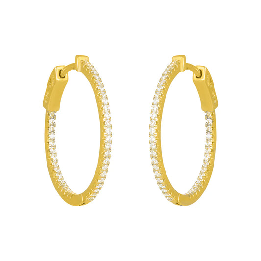 skinny crystal hoop huggie, 18k gold plated 925 sterling silver, cubic zirconia, 25mm diameter. Hypoallergenic.
