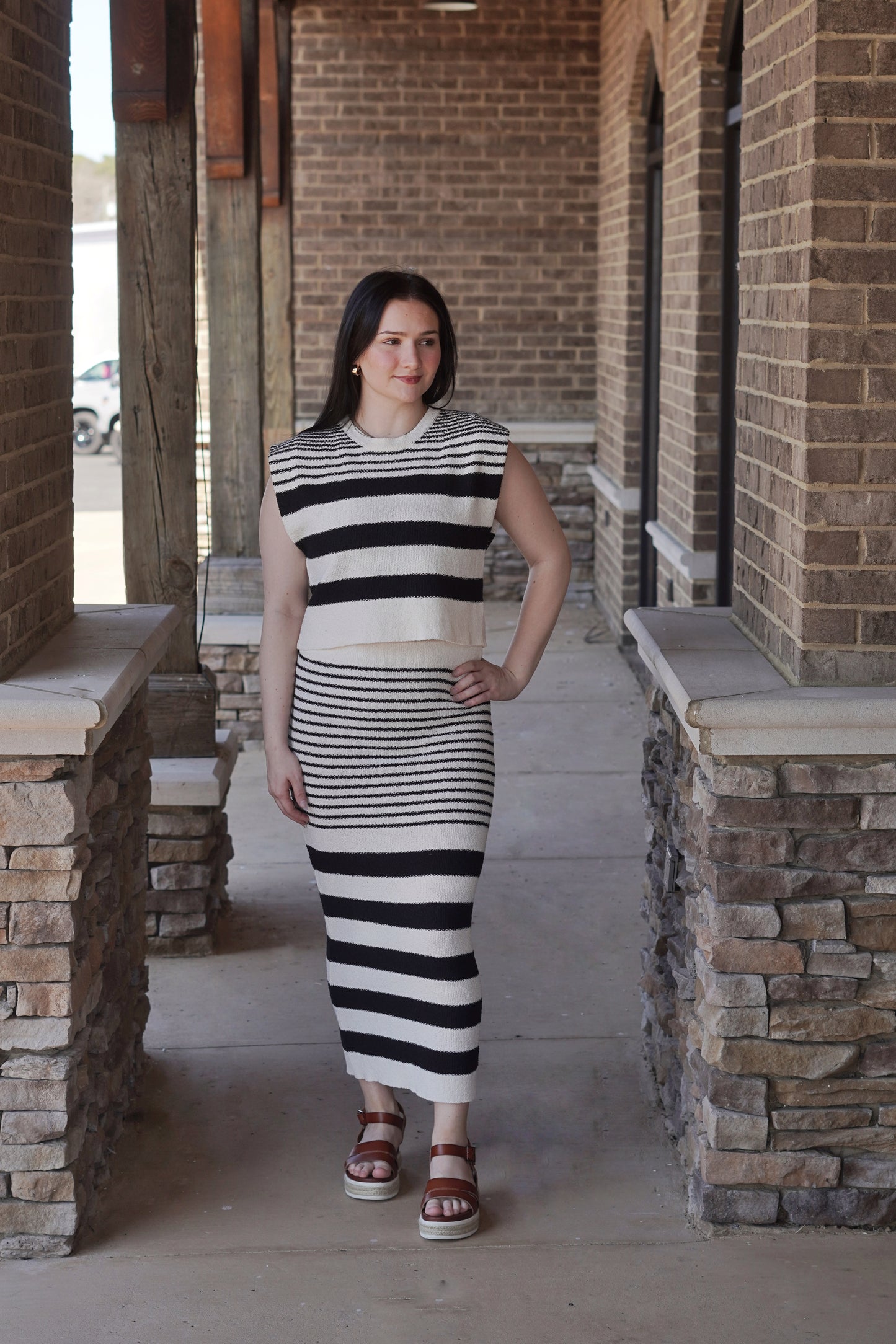 Fitted Long Skirt, Cream/Black Stripes, Ankle Length, Elastic Waist Band