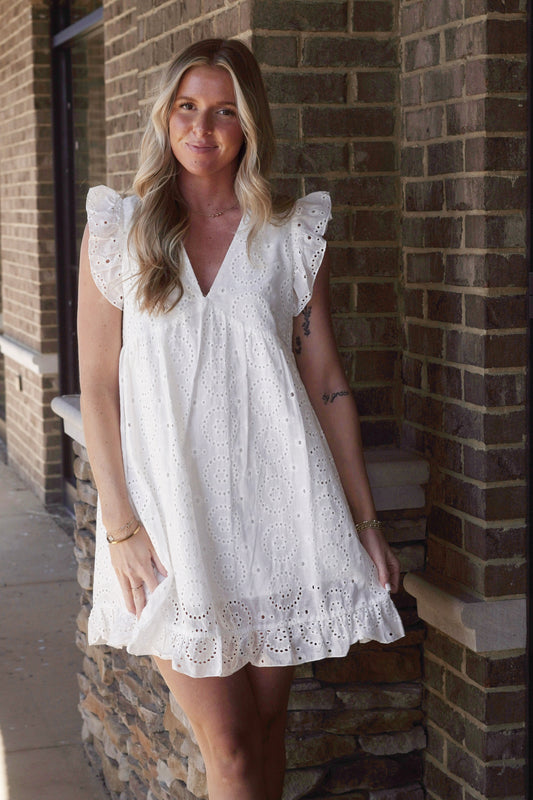 White Dress, Lace/Eyelets Material, V-Neckline, Ruffled Short Sleeves, Ruffle Hem, Flowy, Mid Thigh Length