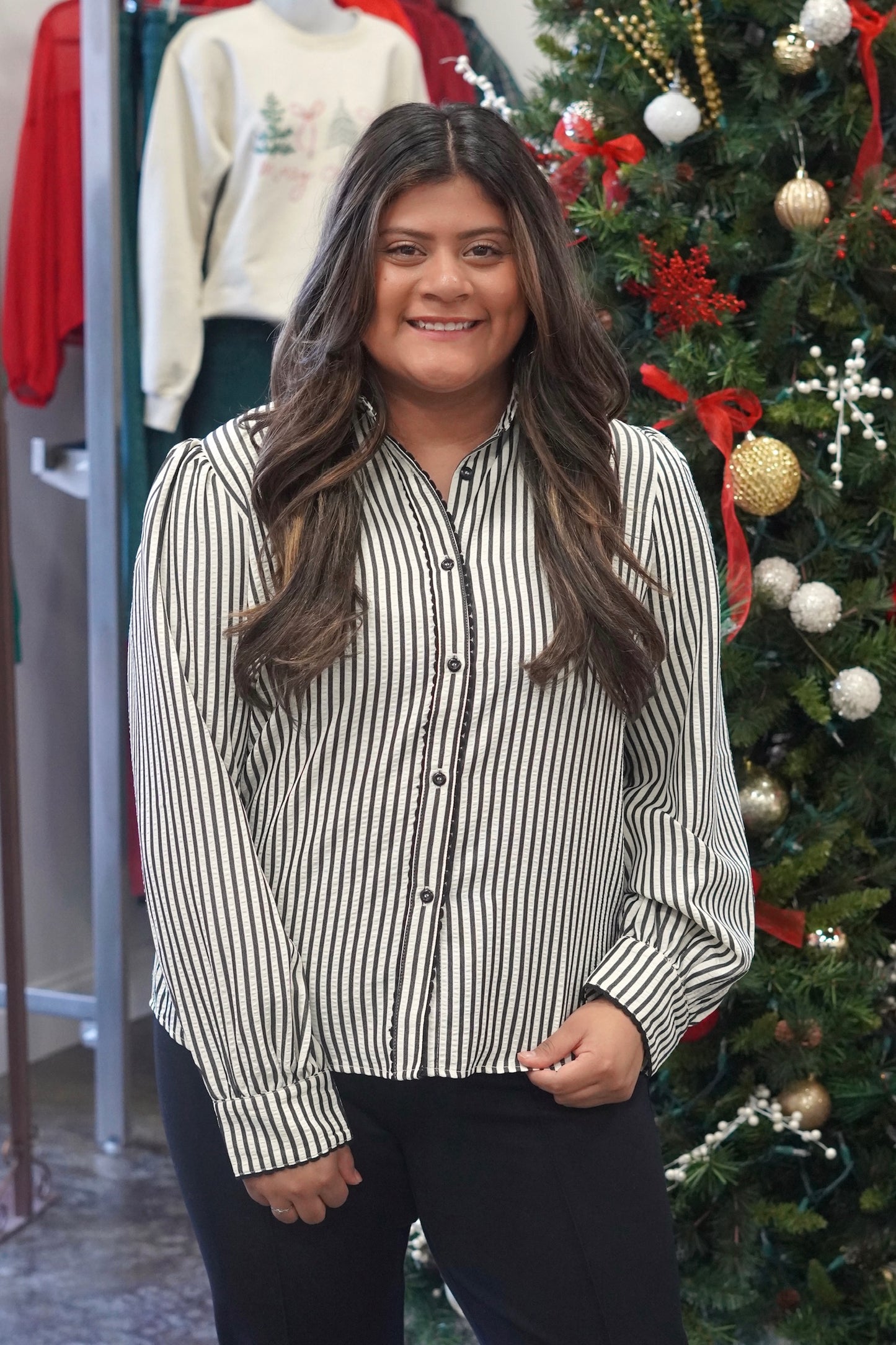 Stella Striped Scallop Trim Button Up