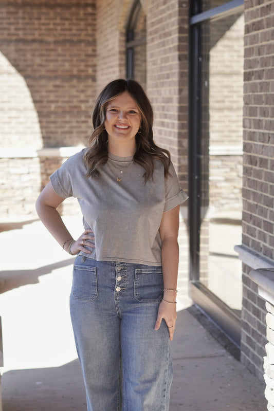 Short Sleeve Top, Grey Color, Round Neck Line, Loose Fit