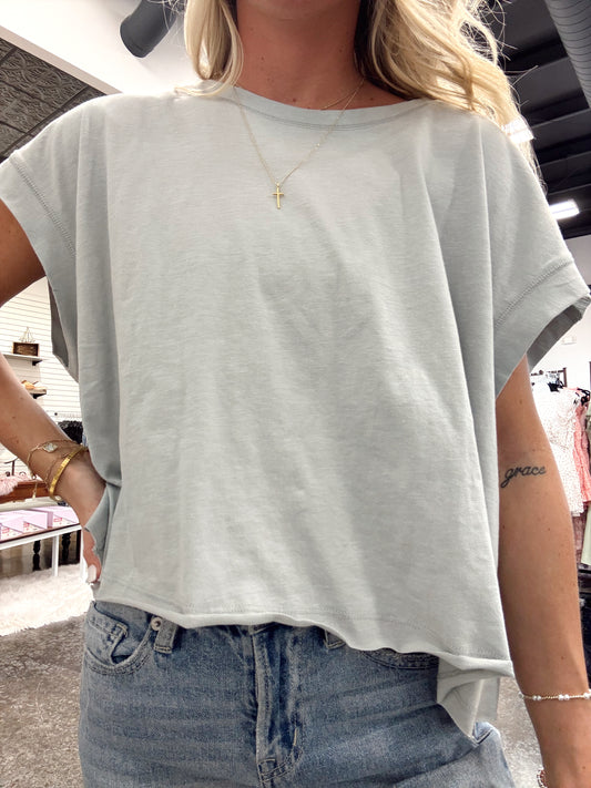 Short-Sleeved Shirt, Light Grey, Round Neckline, Skimmer Length, Relaxed Fit