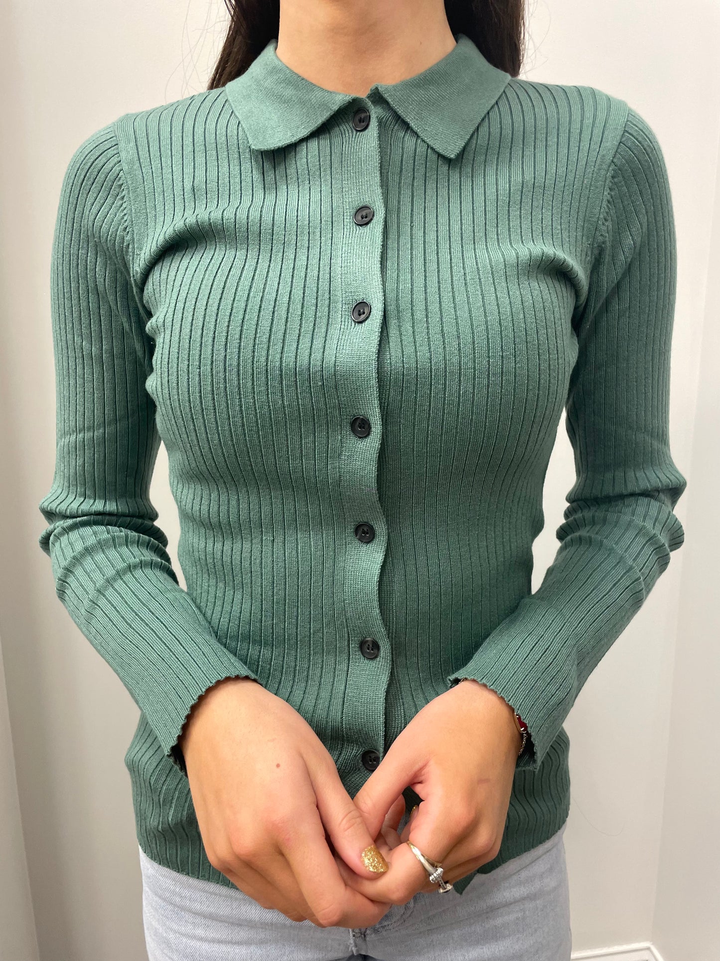 Cali Collared Fitted Cardigan  Collared Neckline Button Up Closure Colors:  Green Fitted Full Length 50% Rayon, 30% Polyester, 20% Nylon