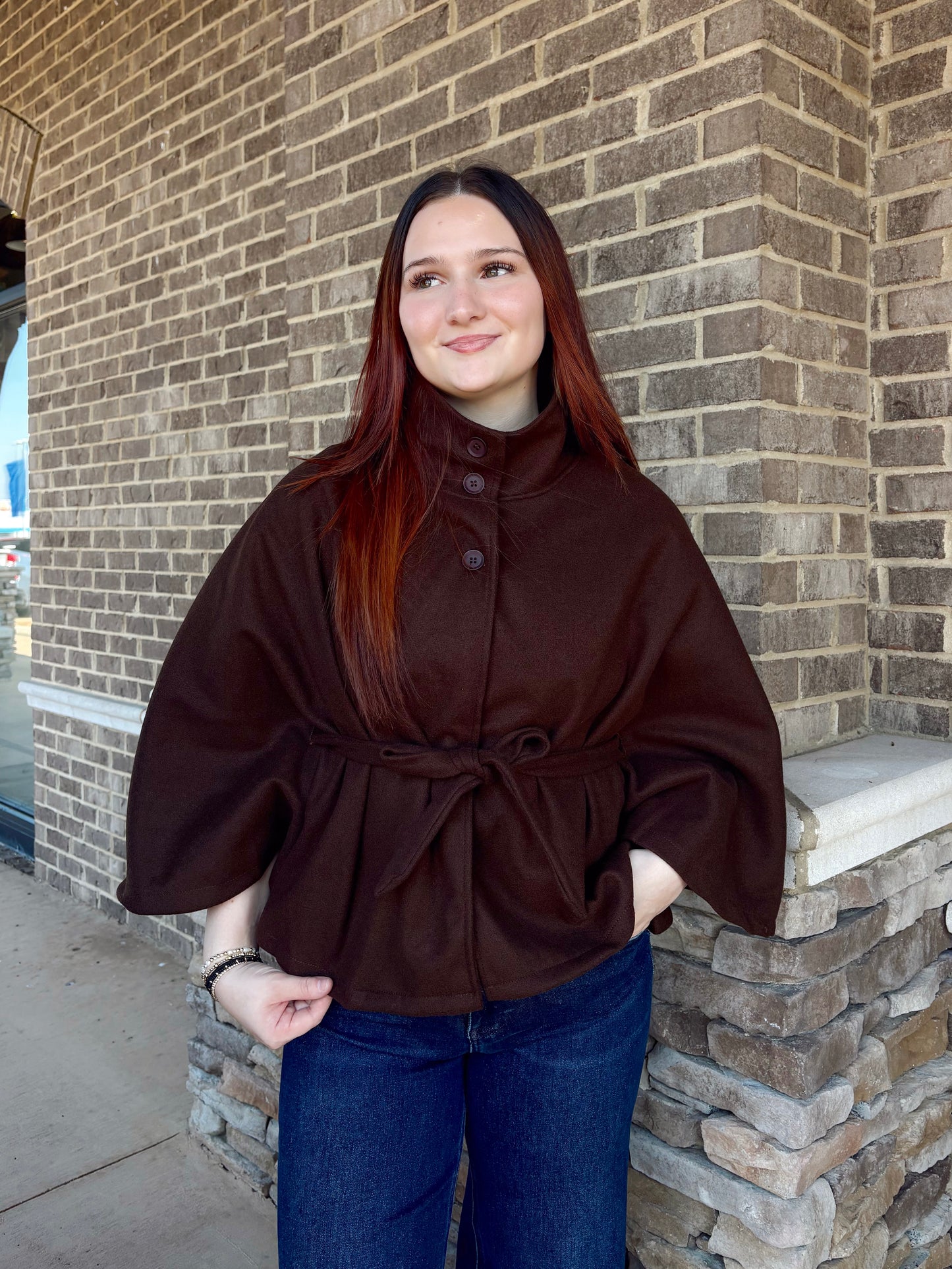 Luxe Mocha Mock Neck Belted Cape Coat