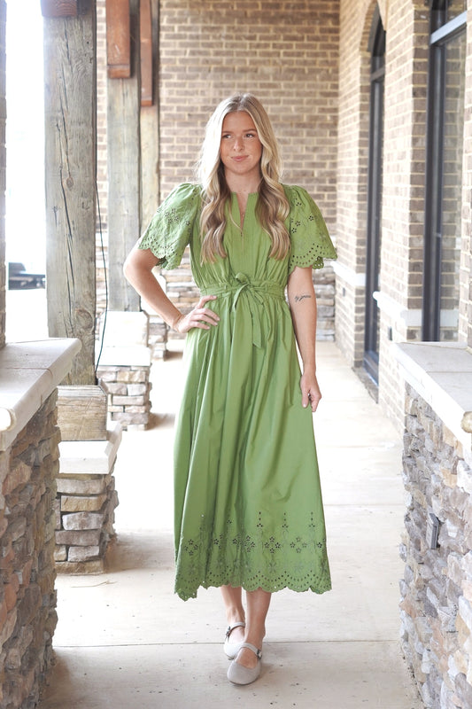 green midi dress, v-neck, embroidered detailing, tie waist