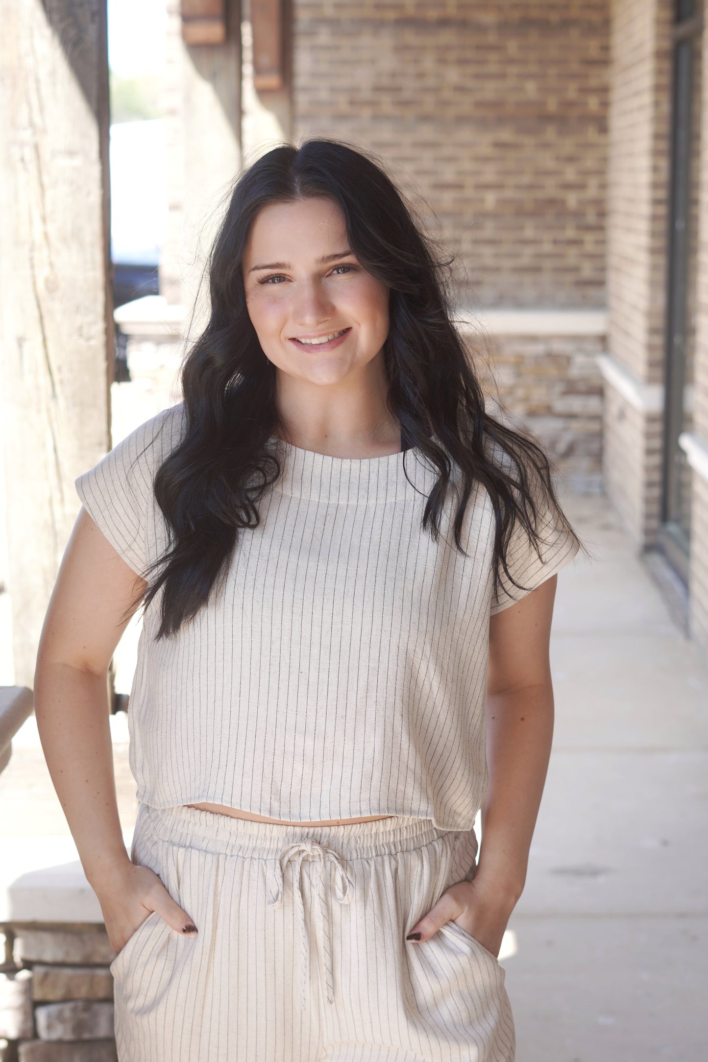 Short Sleeve Linen Top, Round Neckline, Button Back, Pinstripe, Cream Color, Cropped