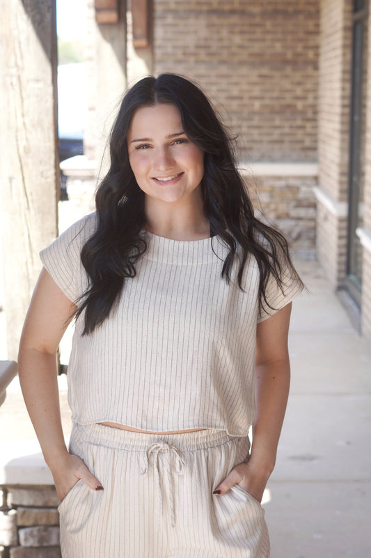Short Sleeve Linen Top, Round Neckline, Button Back, Pinstripe, Cream Color, Cropped