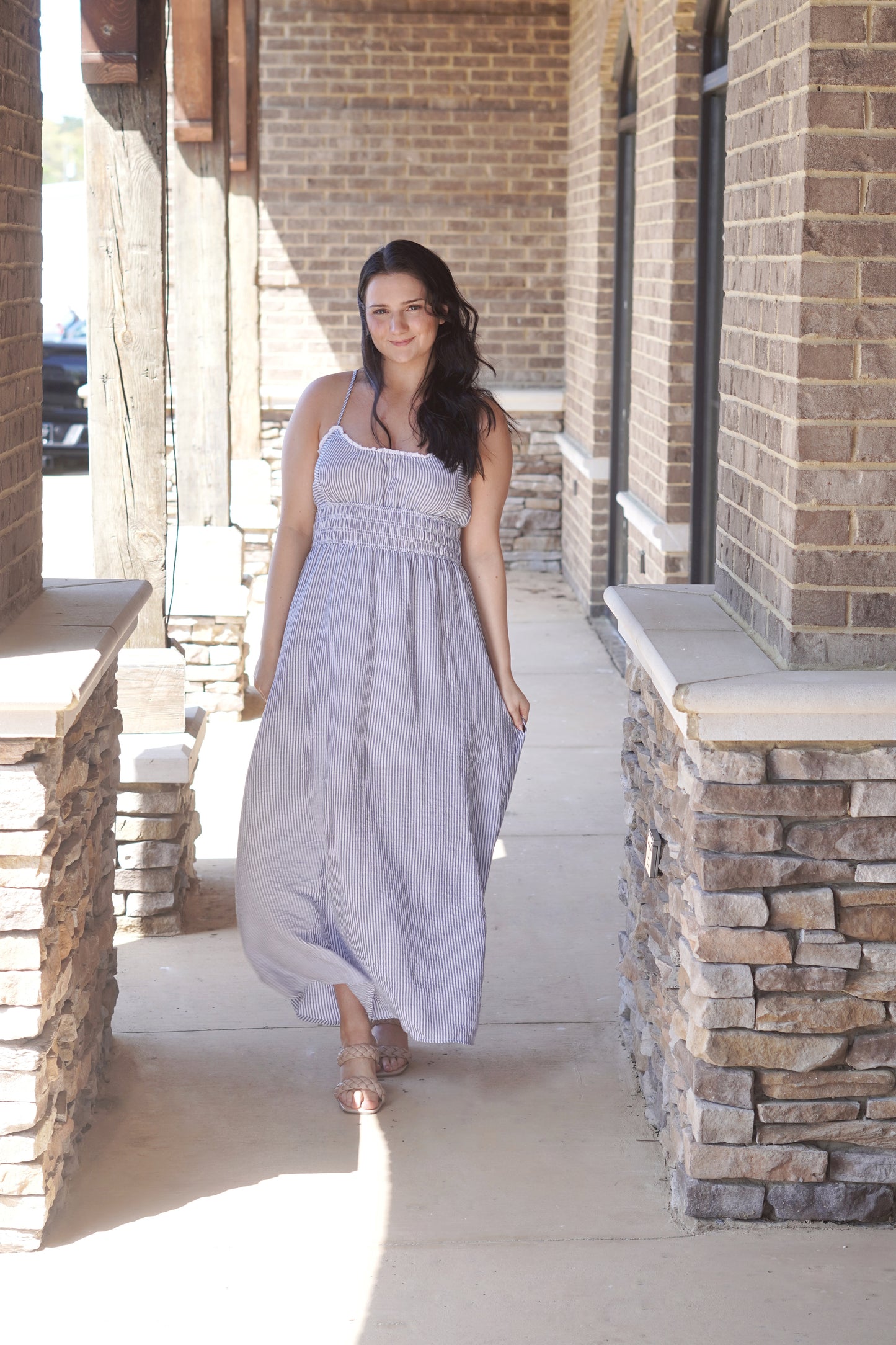Navy Stripes Seaside Maxi Dress, Ruffle Trim Neckline, Sleeveless, Adjustable Straps, Dress Underlining